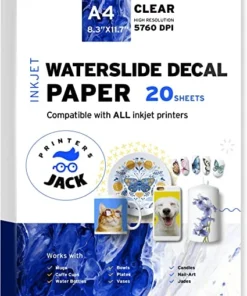 Printers Jack Water Slide Decal Paper Inkjet 20 Sheets A4 Size Premium Water Slide Transfer Paper Clear Transparent Printable Waterslide Paper for Tumblers, Mugs, Glasses DIY